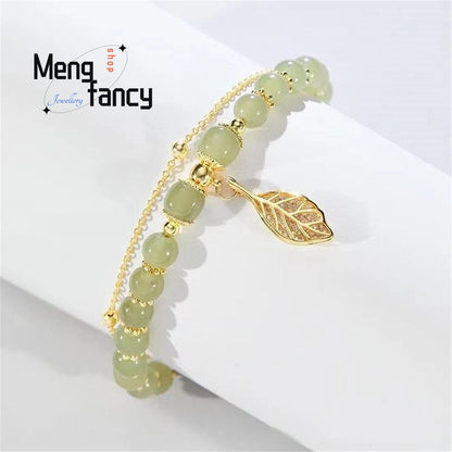 Natural Hetian Jasper Golden Branch Jade Leaves Bracelet Exquisite Sexy Young Girls Fashion Jewelry Best Selling Holiday Gift Good Vibrations