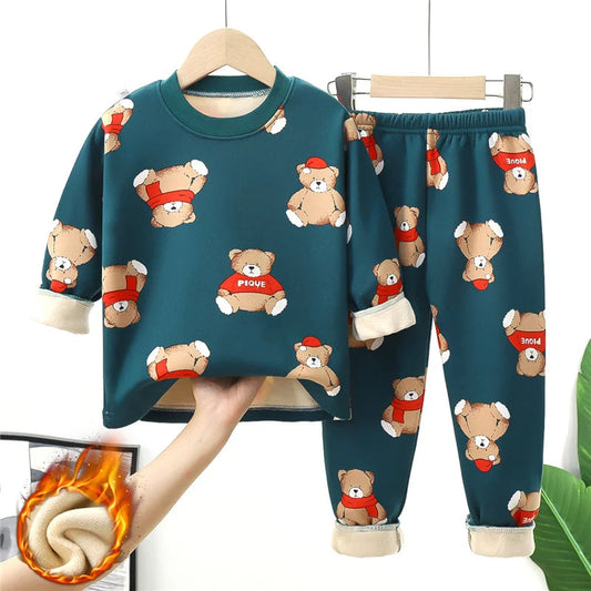 Kids Warm Pajama Sets Autumn Winter Plus Velvets Clothing Suits Boys Girls Fashion Print Pullover+Pants 2Pcs Outfits 1-14 Years Good Vibrations