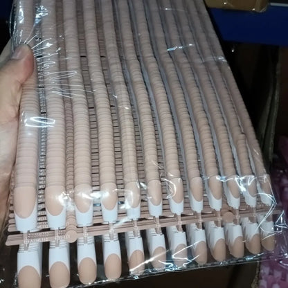 120pcs Pink French Tip Press-On Nails Medium Length Square Shape With Glossy Finish False Nails Full Cover Pre-Shaped Fake Nails Good Vibrations