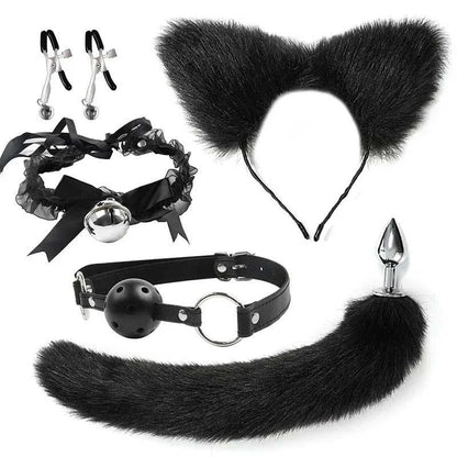 VaHppy SM BDSM Sex Toy Sets role-playing Fox 5pcs/lot Plush Anal Plug Tail Bell Collar Mouth Plugs White/Black/Pink Couple games GOOD Vibrations