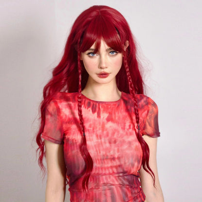Wine Red Burgundy Synthetic Wigs for Women Long Curly Wave Cosplay Party Red Wigs with Bangs Natural Heat Resistant Daily Wigs Good Vibrations