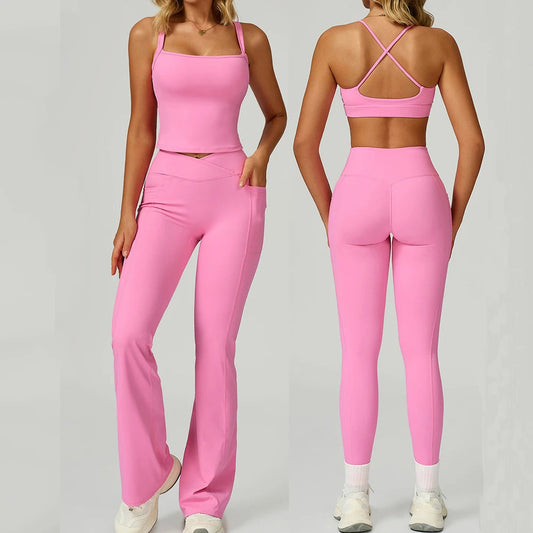 2 Pieces Yoga Set Women Tracksuits Sport Bras Workout Tops Yoga Clothes Fitness Leggings Flared Pant Gym Set Seamless Yoga Suit Good Vibrations