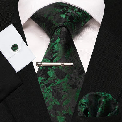 8cm Silk Mens Ties Green Black Ties plaid stripe NeckTie Pocket Square Cufflinks Tie clips Set Men's Wedding business Party Tie Good Vibrations