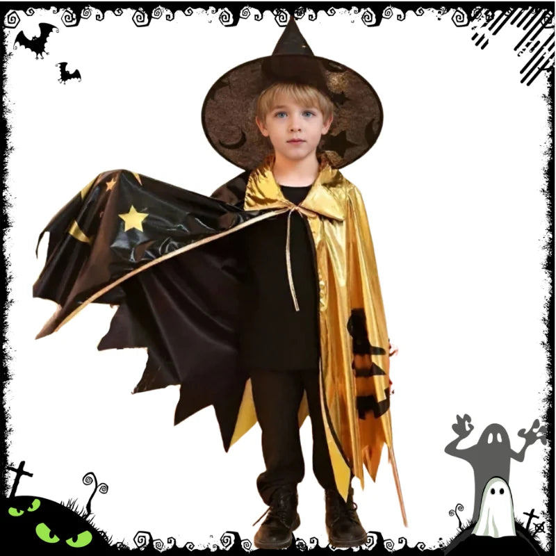 Halloween Witch Cosplay Costume for Kids Gold Black Color Block Cape with Hat Pumpkin Moon Print Cloak Outfit Party Dress Up Good Vibrations