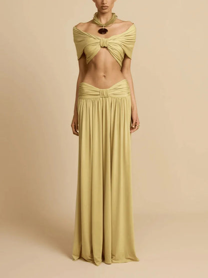 Women's Elegant 2 Piece Outfit | High Waist Draped Long Skirt & Off Shoulder Sleeveless Crop Top for Party Daily Good Vibrations