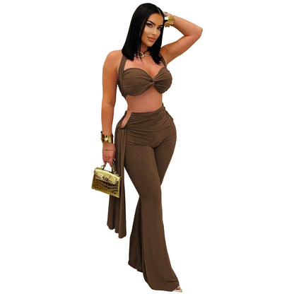 Sexy Women Outfits Twist-Front Crop Top and Long Straps Wide Leg Pants Sets Ruched Metal Tracksuits Sets Chic Night Out Overalls Good Vibrations