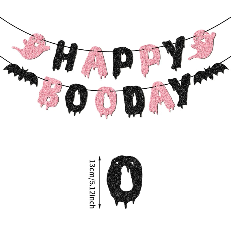 YOMDID Glitter Birthday Banner Happy Boo Day Party Banner Happy Letters Halloween Ghosts and Bats Happy Birthday Decorations Good Vibrations