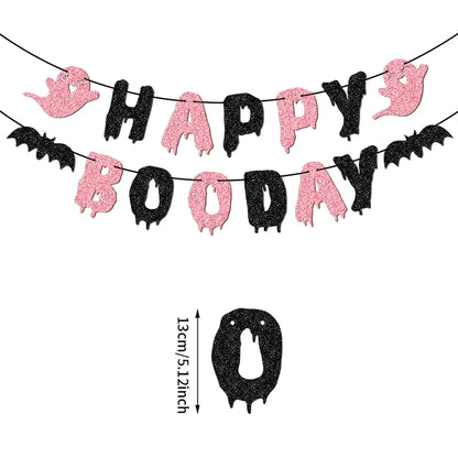 YOMDID Glitter Birthday Banner Happy Boo Day Party Banner Happy Letters Halloween Ghosts and Bats Happy Birthday Decorations Good Vibrations