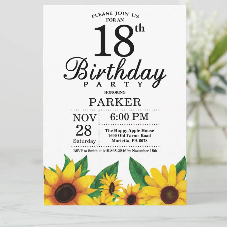 5/20/100pcs 18th birthday invitations, Watercolor Blue Floral birthday invitations 18, Sunflower Birthday Invitation Good Vibrations