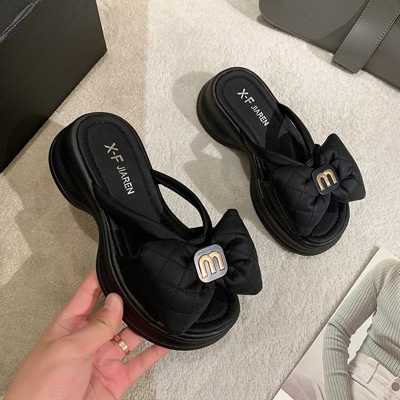 Women's Sandals New Korean Edition Casual Beach Shoes Versatile Thick Sole Shoes Bow Slippers Women's Outwear Summer Good Vibrations