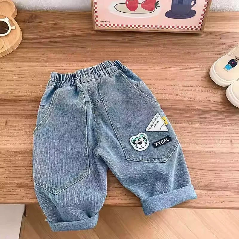 New Spring Autumn Childrens Boys Casual Trousers Foreign Side Pockets Polished Boys Jeans Stretch Versatile Kids Boys Pants Good Vibrations