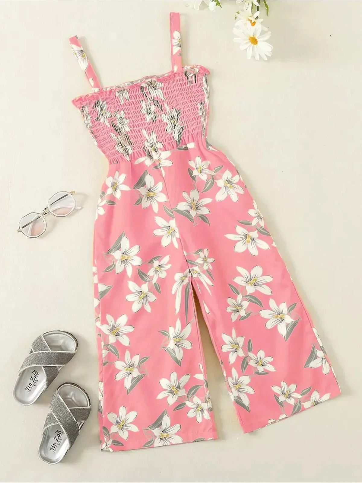 Summer fresh casual children's clothing, girls' pink lily print suspender, waist cinched wide leg pants, jumpsuit Good Vibrations
