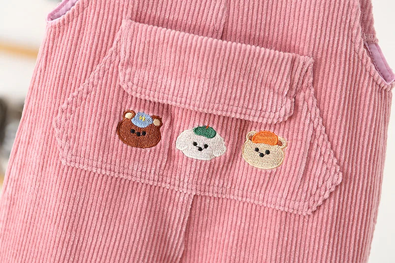 1-4Y Autumn Kids Clothes Korean Style Girls Overalls Corduroy Girls Jumpsuits Embroidery Kids Outfit Good Vibrations