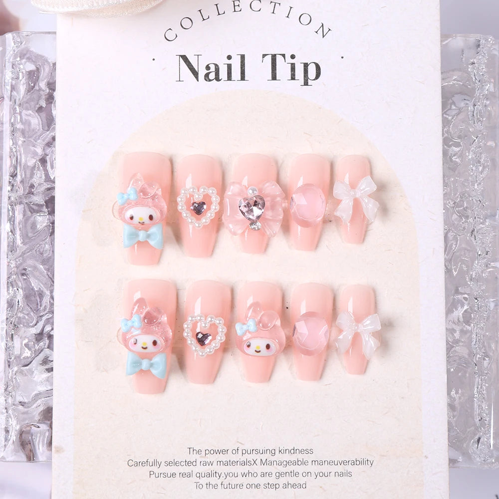 Sanrio Kawaii Pink My Melody Fake Nails 24Pc 3D kuromi Anime Cute Nail Patches False Nail Tips Cartoon Y2K Fashion Press on Nail Good Vibrations
