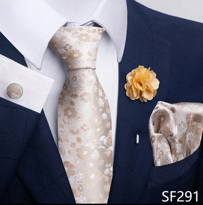 Luxury Mens Ties Floral Black Gold Ties Paisley NeckTie Pocket Square Cufflinks Brooch Set Men's Wedding Party Tie Good Vibrations