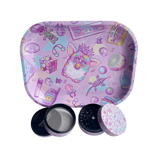 2 Pieces Cute Elf Cartoon Metal Rolling Tray and Herb Grinder Smoking Kit Good Vibrations