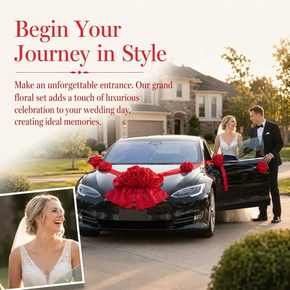 Large Wedding Car Front Decor Full Set Romantic Floral Ball Flower Arrangement Ribbon Bows Bridal Main Car Decor Good Vibrations