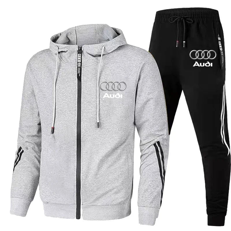 Autumn Winter Mens Audi Car Logo Print Tracksuit Men Zipper Hoodie+Pants 2 Piece Set Casual Gym Fitness Jogging Sportswear Suits Good Vibrations