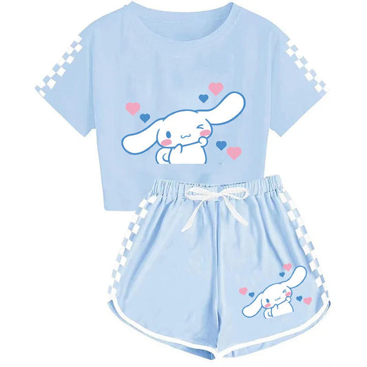 Sanrio Girls Cartoon T-Shirts and Shorts Set Cinnamoroll Kuromi Soft Pajamas Short Sleeve Set Summer Sport Clothes Homewear Gift Good Vibrations
