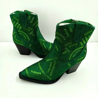 Ankle Boots for Women Luxury Full Diamond Chelsea Boots Western Cowboy Y2k Fashion Wedges Pointed Toe Zipper Women Heels shoes Good Vibrations
