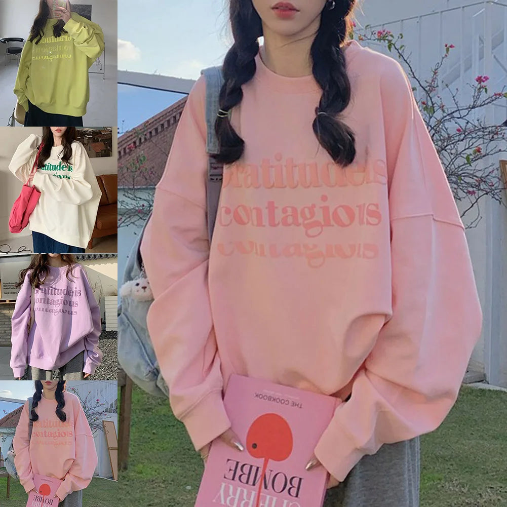 Women/Ladies/Girls Autumn Plus Velvet Letter Print Loose Long Sleeve Sweatshirt Fashion Pullover Casual Good Vibrations