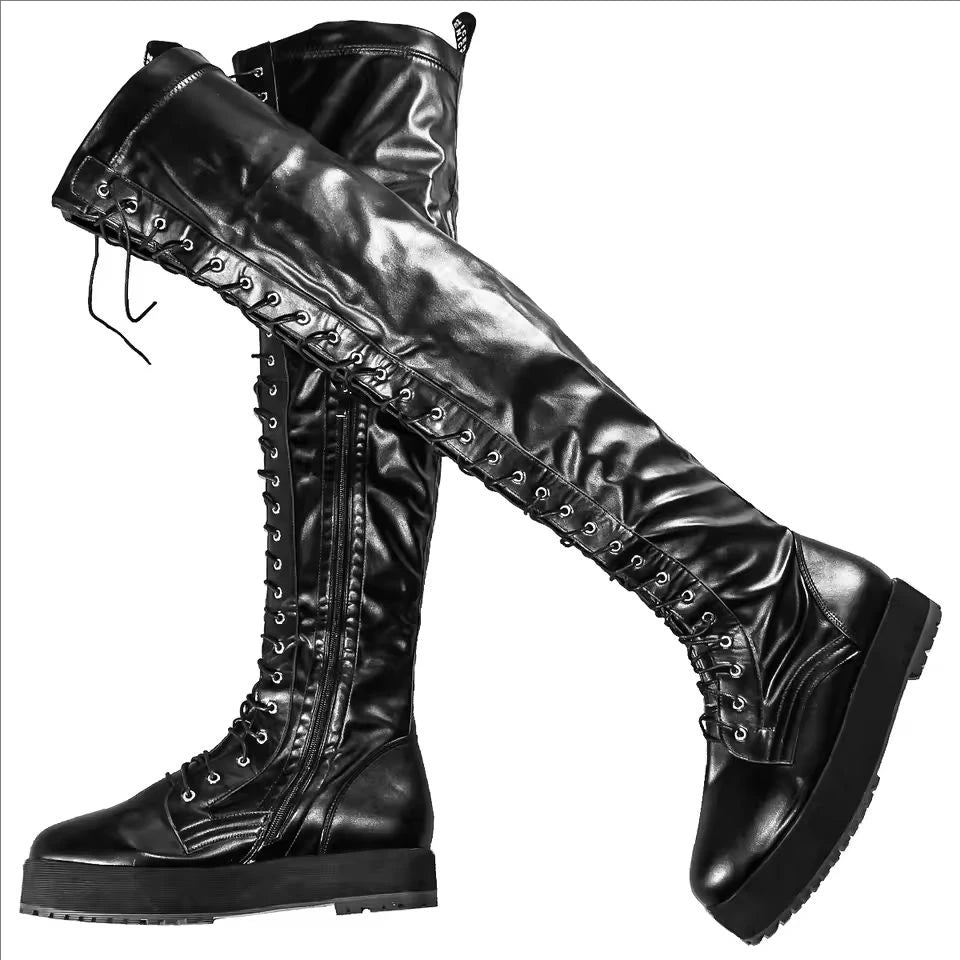 Thigh High Platform Pumps US 12 Shoes Women Plus Size 50 49 Black Patent Leather Over The Knee High Boots Big Size 48 47 Shoes Good Vibrations