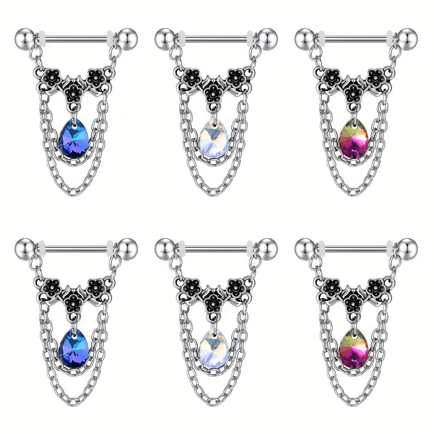 1pair Stainless Steel Nipple Rings, Nipple Barbell With Chain CZ, Nipple Piercing Jewelry Good Vibrations Adult Super Store
