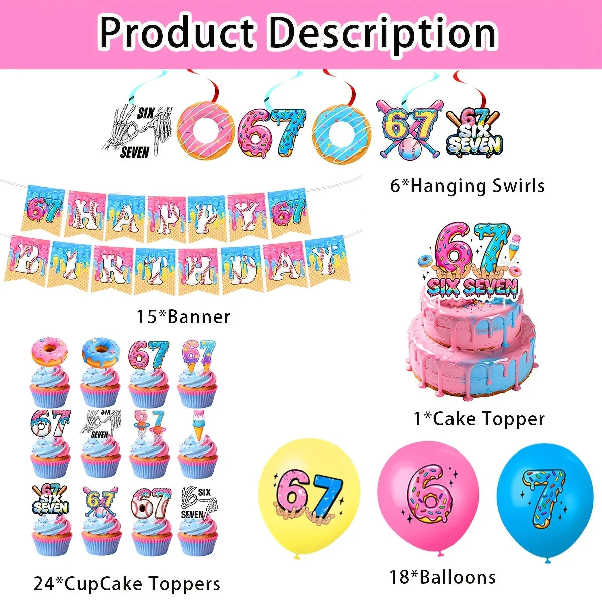 6 7 Birthday Decorations 67 Meme Themed Baseball Ice Cream Donut Banner Cake Topper Balloons for Baby Shower Party Supplies Good Vibrations