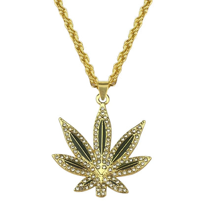 Rhinestone Weed Pendant Necklace Maple Leaf Necklaces Gold Color Chains for Women men Male Steampunk Jewelry Good Vibrations Adult Super Store