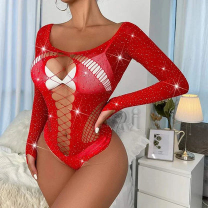 Sexy fishnet bodysuit with rhinestones and long sleeves, featuring a hollow design and shiny diamond accents.
