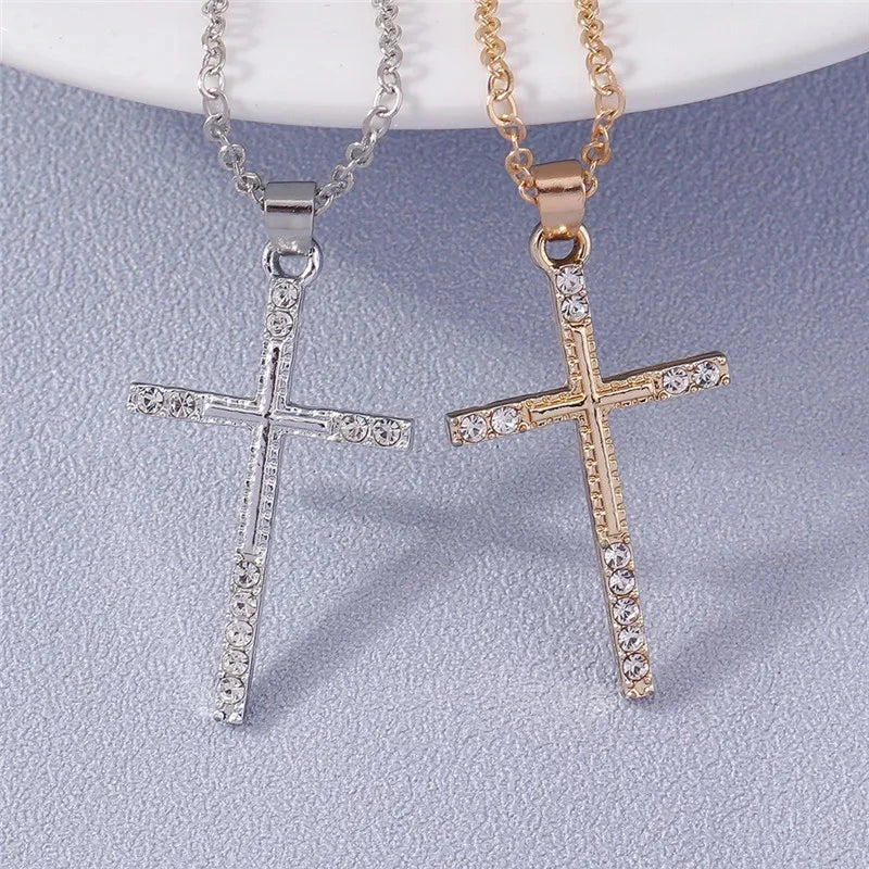 Fashion Cross Necklace for Women Men Gold Silver Color Dazzling Crystal Jesus Crucifix Necklace Christian Jewelry Wholesale Good Vibrations