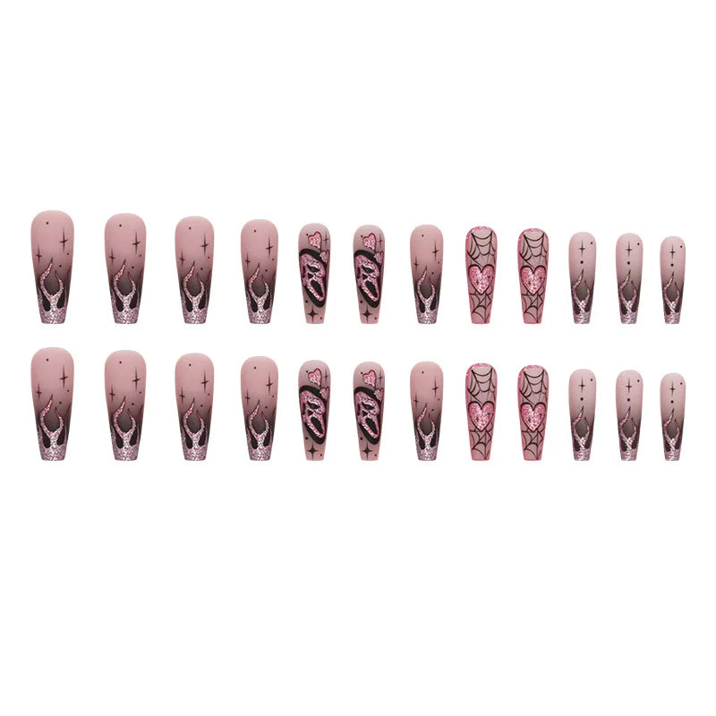 24pcs Glitter Pink Sequins Fake Nails 2025 Halloween Scary Skull Love Print False Nails Wearable European Ballet Press on Nails Good Vibrations