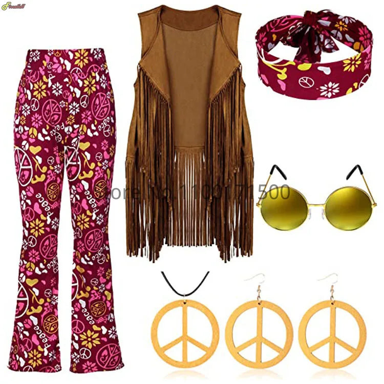 Halloween Hippie Costume Women's Set for Carnival 70s Clothing Accessories Six-Piece Set Tassel Vest+Pants+Headband Set Good Vibrations