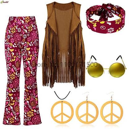 Halloween Hippie Costume Women's Set for Carnival 70s Clothing Accessories Six-Piece Set Tassel Vest+Pants+Headband Set Good Vibrations