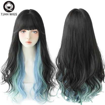 7JHHWIGS Long Wavy Synthetic Black Wigs For Women With Fringe Fashion Heat Resistant Mid-Length Daily Straight Light Brown Hair Good Vibrations