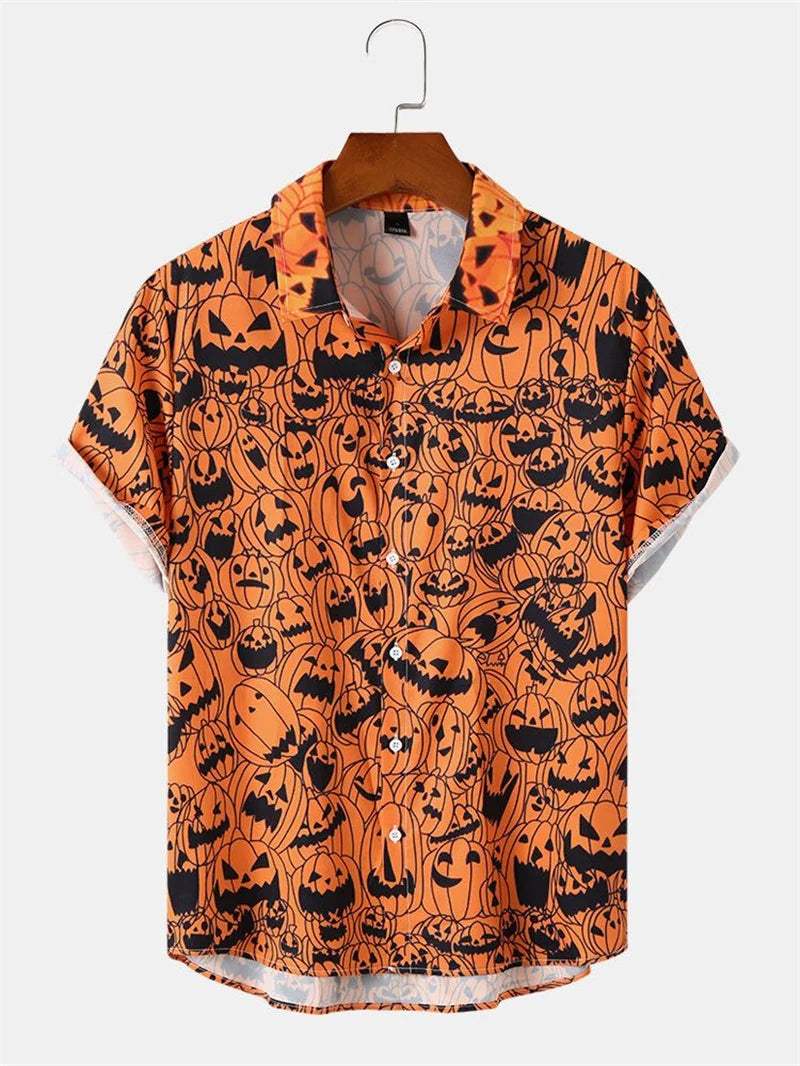 Men's Fashion Halloween Shirt Summer Cute Style Men's Clothing Party Holiday Men Top Pumpkin Head Print Boys' Short Sleeve Shirt Good Vibrations
