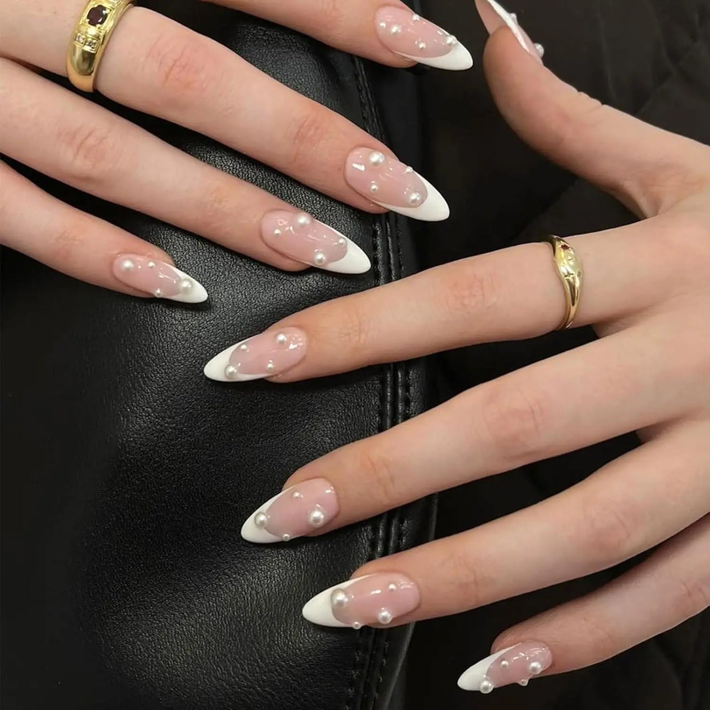 24pcs Press on Nails Short Almond Bowknot Black Press on Nails White Pearl Sweet French Tip Press on Nails Cute Nail Artificial Good Vibrations