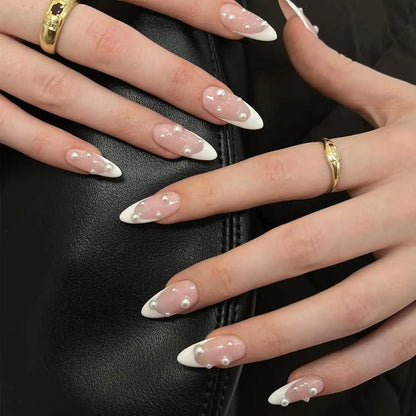 24pcs Press on Nails Short Almond Bowknot Black Press on Nails White Pearl Sweet French Tip Press on Nails Cute Nail Artificial Good Vibrations