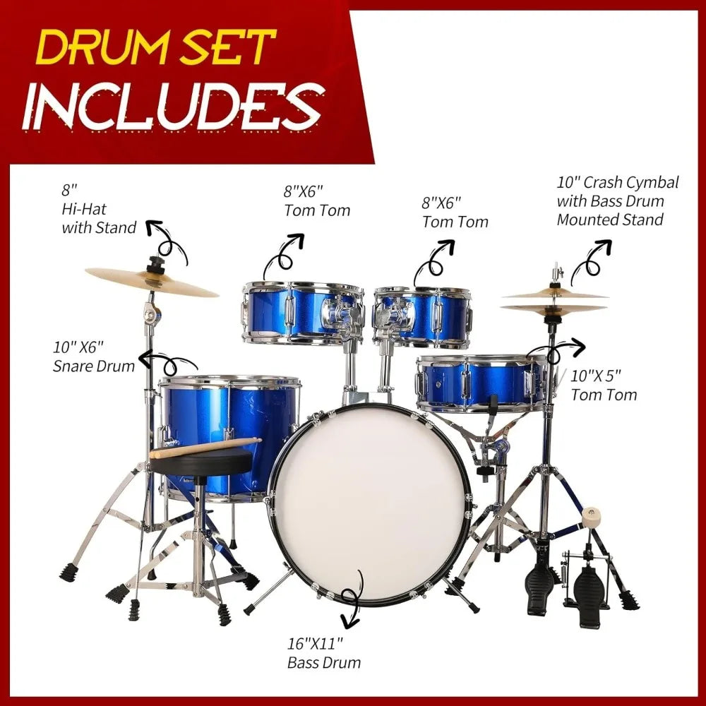 Kids 5-Piece Complete Junior Drum Set with Genuine Brass Cymbals with 16" Bass Drum, Tom-Tom, Snare, Cymbals, Hi-Tone Good Vibrations