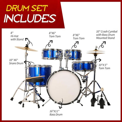 Kids 5-Piece Complete Junior Drum Set with Genuine Brass Cymbals with 16" Bass Drum, Tom-Tom, Snare, Cymbals, Hi-Tone Good Vibrations