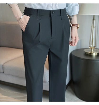 Men Straight Leg Suit Pants Summer Ice Silk Lightweight Elastic Waist Casual Loose Wide-leg Trousers Dress Pants Men Clothing