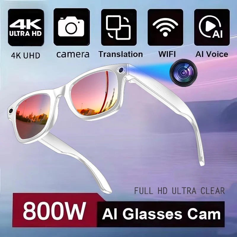 2025New Man 800W AI Smart Glasses Camera AI Translation Voice Bluetooth Call WiFi 4K HD Waterproof Anti Blue Light Women Glasses Good Vibrations