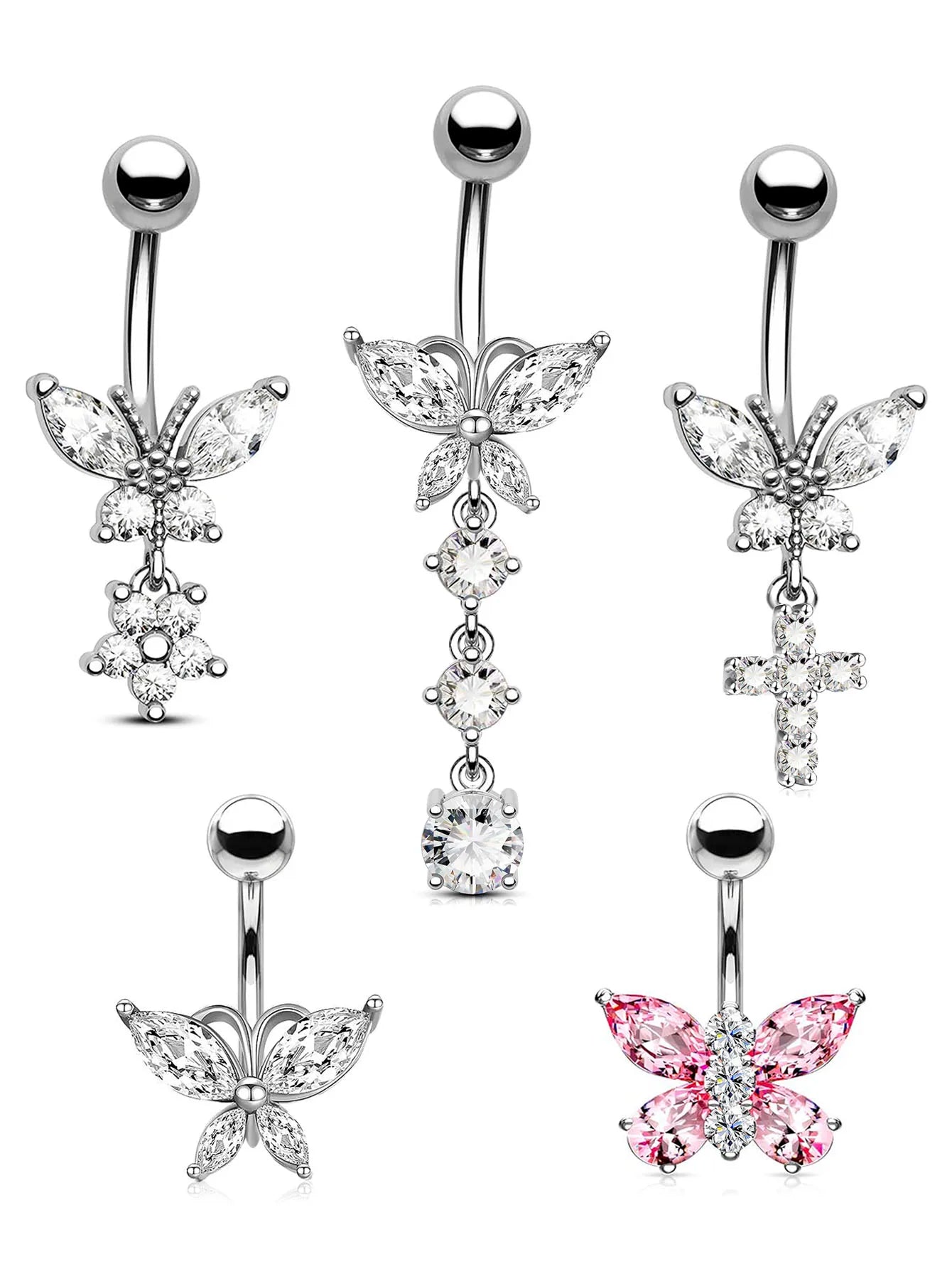 Butterfly Dangle Belly Button Ring Surgical Steel Navel Rings Pink Zircon Umbilical Ring Hypoallergenic Tummy Ring  Piercing Good Vibrations Adult Super Store