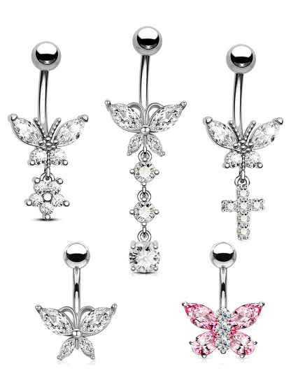 Butterfly Dangle Belly Button Ring Surgical Steel Navel Rings Pink Zircon Umbilical Ring Hypoallergenic Tummy Ring  Piercing Good Vibrations Adult Super Store