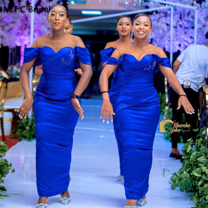 Custom Made Long Royal Blue African Bridesmaid Dresses Chic Beaded Pleated Satin Straight Formal Gowns For Maids Of Honor Good Vibrations