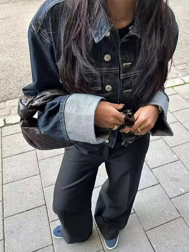 HH Women Fashion Denim Set Casual Lapel Long Sleeve Crop Jacket Buttons Female Vintage Wide Leg Loose Jeans Long Pants Good Vibrations
