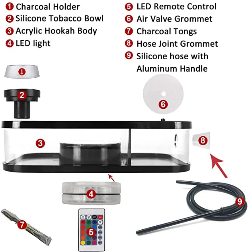 CRUSHER LED smoking pipe hookah set with accessories layout and labeled components.