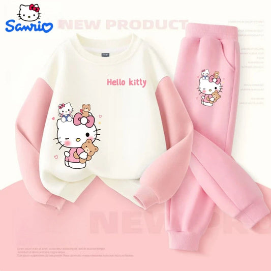 Sanrio Autumn Baby Girls Clothes Set Kid Hello Kitty Printed Sweatshirts Pullover Top & Pants 2pcs Children Patchwork Tracksuit Good Vibrations