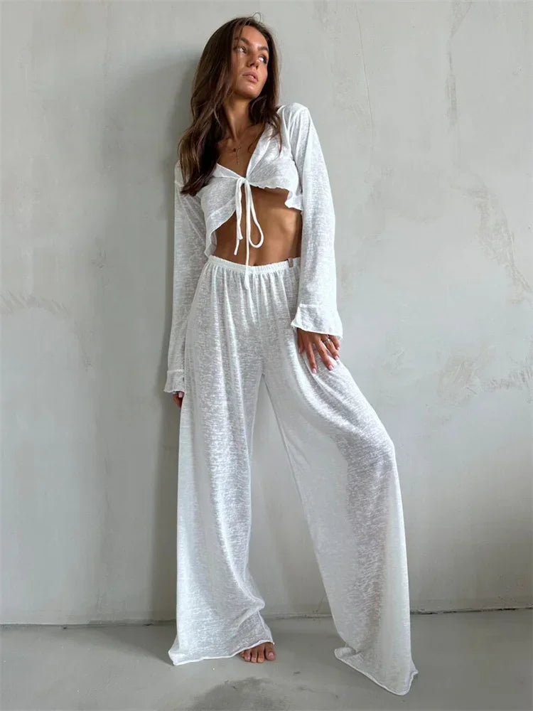 Casual Fashion 2 Piece-Set Trousers For Women V-Neck Lace-Up Long Sleeve Top And High Waist Women's Pants Outfits Female Good Vibrations