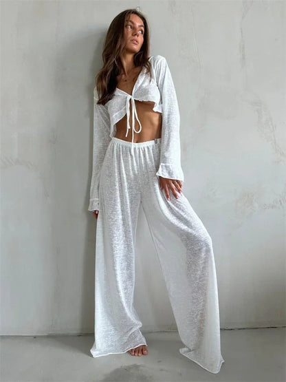 Casual Fashion 2 Piece-Set Trousers For Women V-Neck Lace-Up Long Sleeve Top And High Waist Women's Pants Outfits Female Good Vibrations